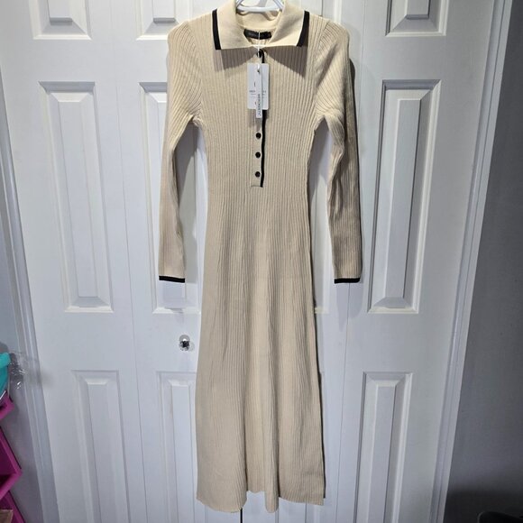 NWT Women’s Beige Ribbed Knit Collared Midi Dress | Size Small - Picture 1 of 7